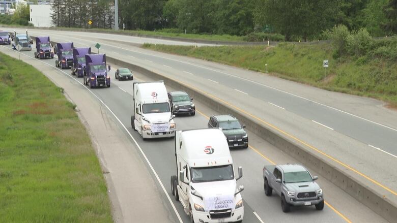 A line of trucks on a highway.