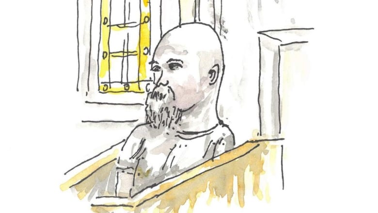 A man with a shaved head and grey beard is depicted in a courtroom sketch.