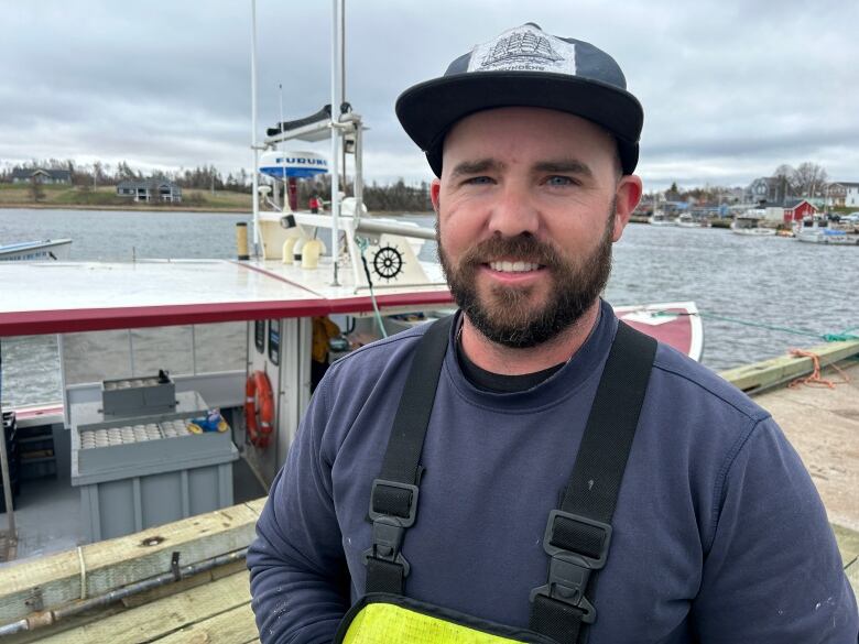 Fisherman standing in front of boat.