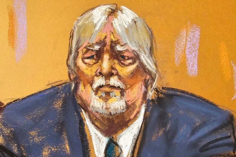 Courtroom sketch of a man with white hair and matching goatee 