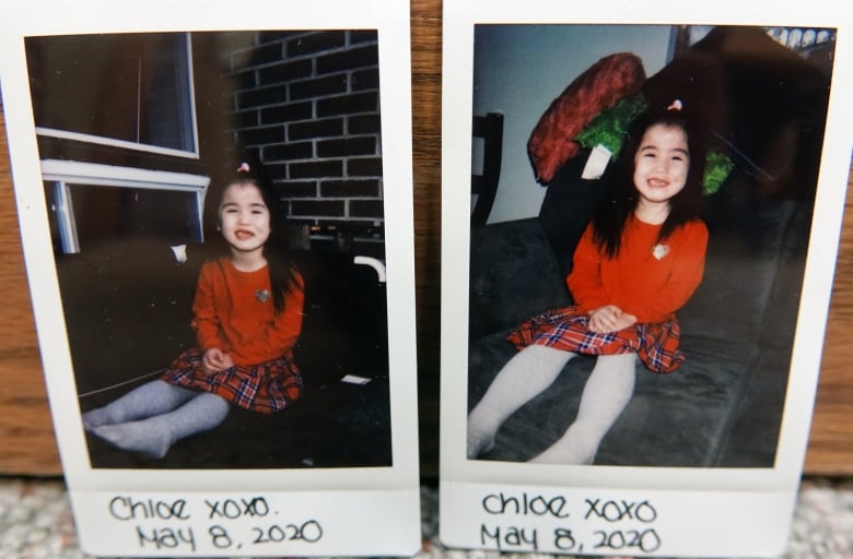 Two instant photographs of a little girl.