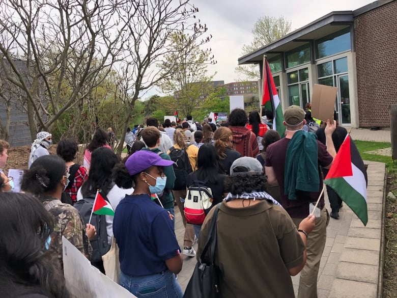 many people, some holding the Palestinian flag