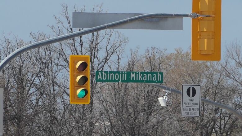 A street sign next to a traffic signal reads 