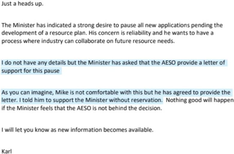 A copy of a July 2023 email from Alberta Electric System Operator board chair Karl Johannson.