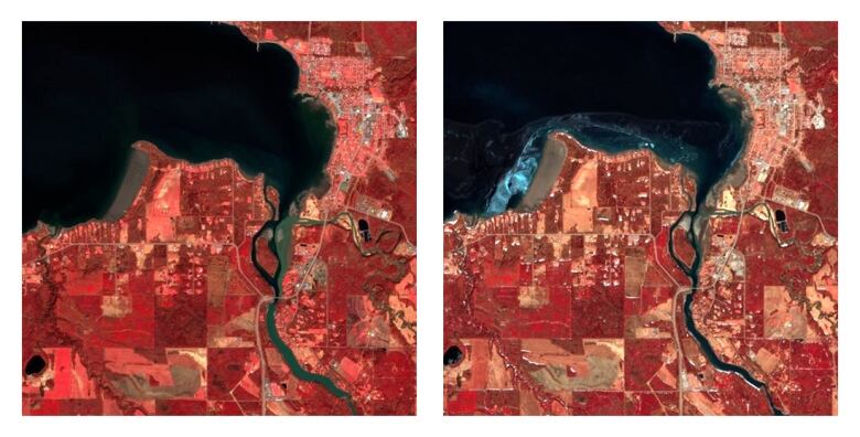 Side-by-side handout images, shown in infrared, taken by the European Space Agency's Sentinel-2 satellite show Fort St. James, B.C., where the water appears shallower this year, right, as Stuart Lake feeds into Stuart River compared with the previous year, left. 