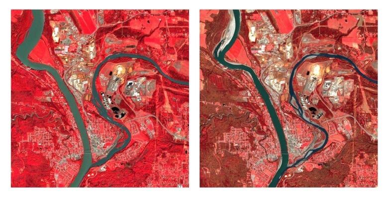 Side-by-side handout images, shown in infrared, taken by the European Space Agency's Sentinel-2 satellite show the Quesnel River as it meets the Fraser River in Quesnel, B.C., in May 2023, left, compared with May 2024.