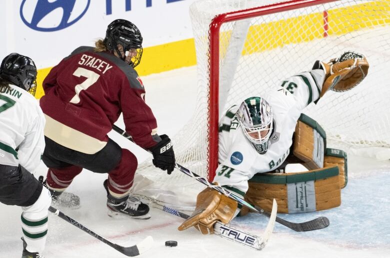 Hockey goalie stops a puck with her blocker and stick