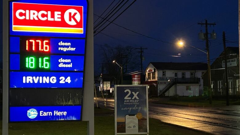 A Circle K gas station digital sign showing gas prices at 177.6 cents per litre 