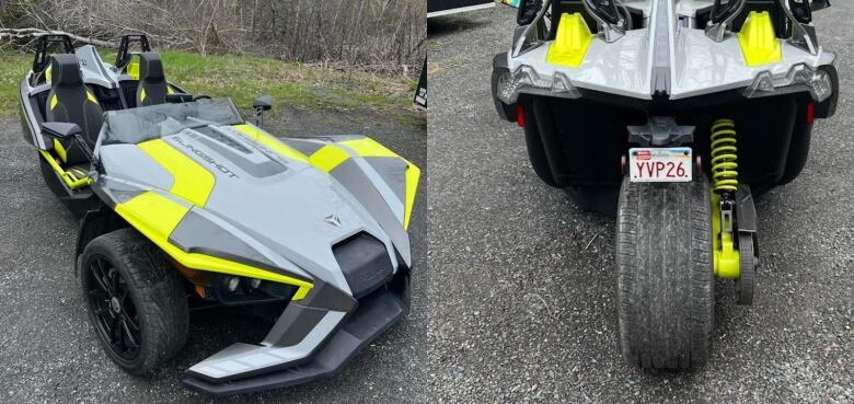 Two photo show the front and rear of a Polaris slingshot. The left photo shows the front which has two wheels. The right shows the rear which only has one wheel. 