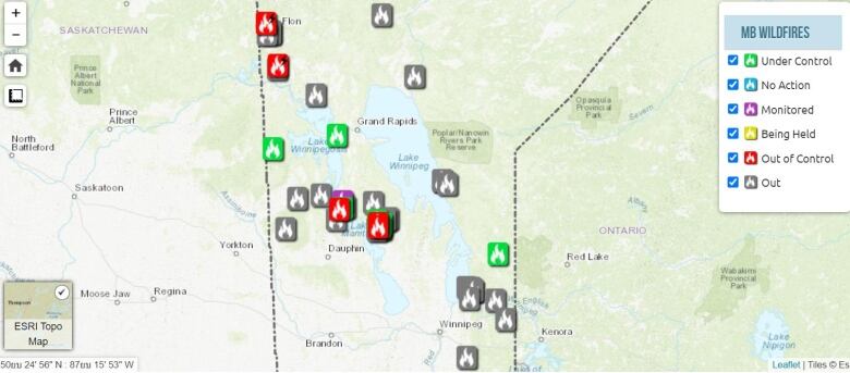 A map of Manitoba contains several icons showing fires dotting the province.