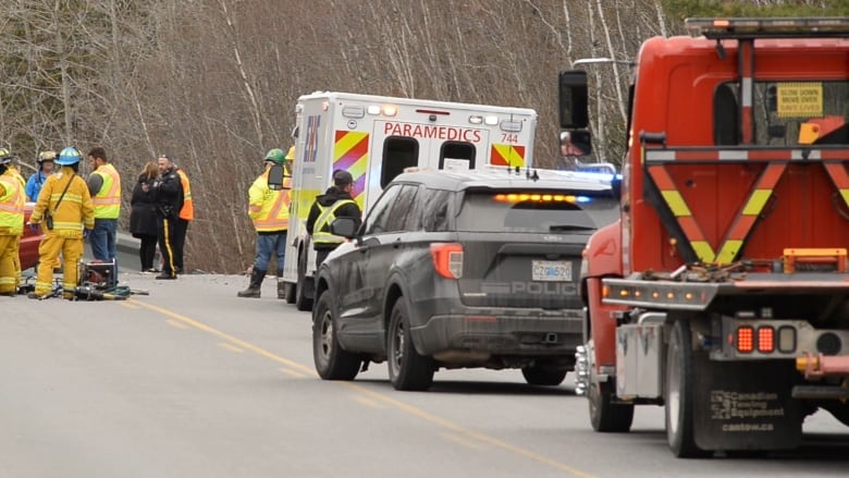 First responders are shown at the scene of a two-vehicle crash in Prospect, Kings County, N.S.