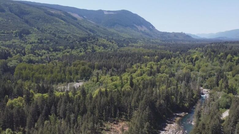 Image taken from above shows forest, mountains, and a river running thruogh. 