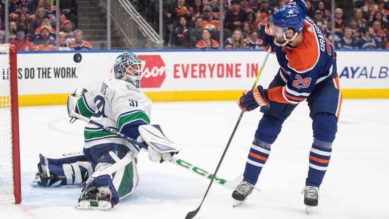 A hockey player takes a shot on goal.