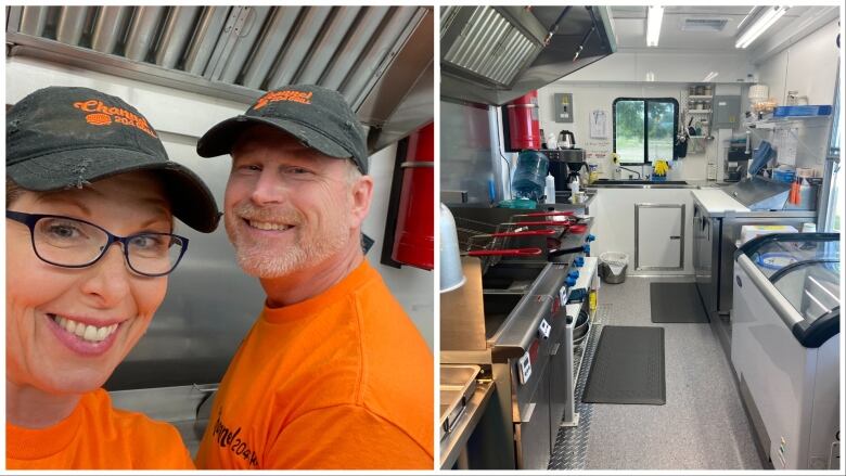 A man and woman in orange shirts and black hats working the kitchen of a food truck.