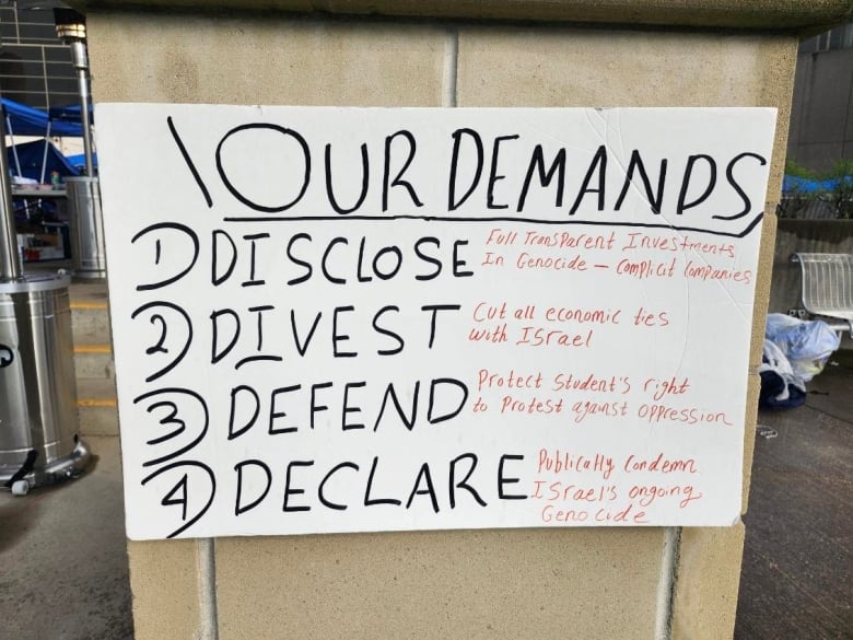 Signage posted in the encampment outlines participants' demands. 