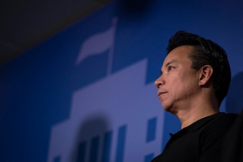 A man looks out with a blue motif of the Vancouver City Hall building flying a flag on the wall behind him.