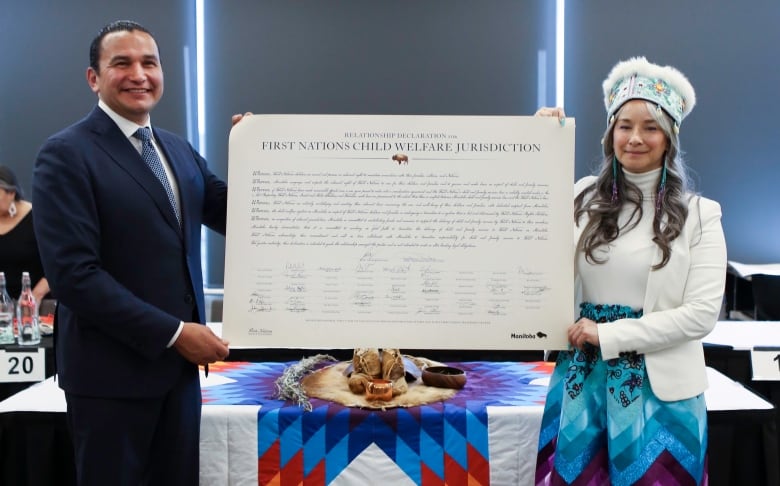 A man and a woman hold up a document and smile to the camera.