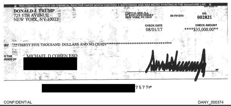 A black and white scan of a cheque for $35,000 made out to Michael D. Cohen Esq., from Donald J. Trump.