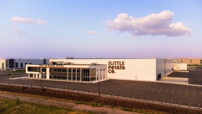 A large building with The Little Potato Co. on the side sits with a massive, empty parking lot. The sky is bright blue with clouds behind it.