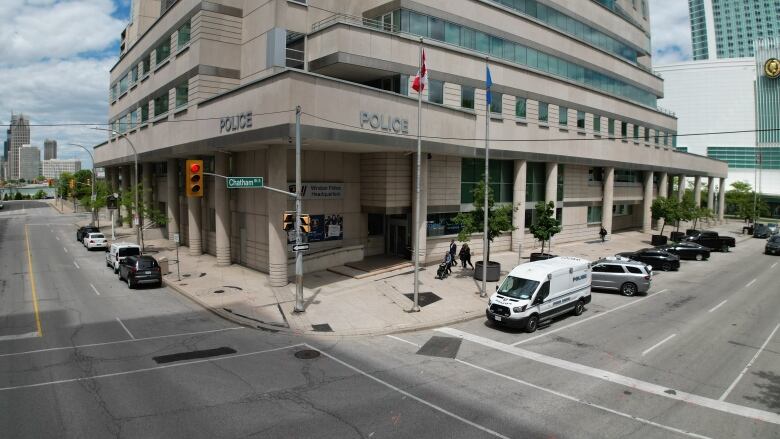 An aerial shot of a building that says 