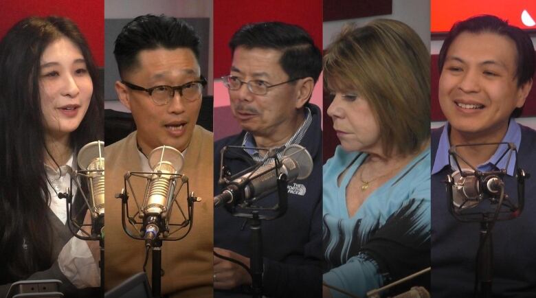 Five members of Newfoundland and Labrador's Chinese community. Each speaking in front of a radio microphone. 