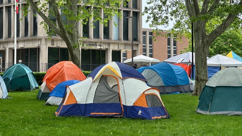 Several tents are set up on a lawn, with a school building behind.