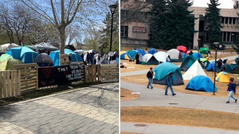 At left, the pro-Palestinian protest encampment at the University of Calgary in May 2024. At right, the tuition protest encampment in March 1999. 