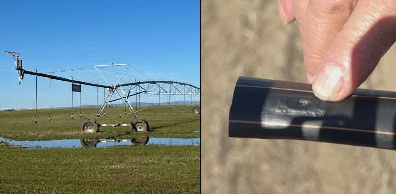 One picture of a traditional irrigation pivot system. One picture of a piece of black flexible plastic with a small emitter embedded in the tape. 