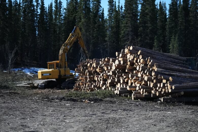 A large pile of logs are seen at the edge of a forested area, with a construction machine.