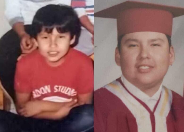 A side by side photo of a man as a child and when he graduated highschool. 