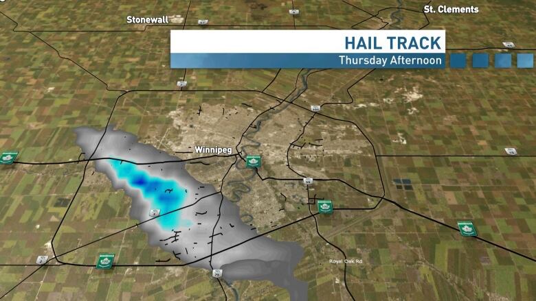 Weather map of Winnipeg shows grey and blue streaks along southwest perimiter.