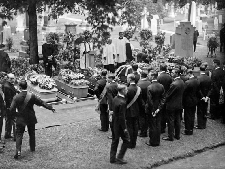 Seven of the victims were buried side by side in St. James Cemetery. Most of the victims were from Toronto and as this Toronto Globe photo shows, the ceremony was a major event. 