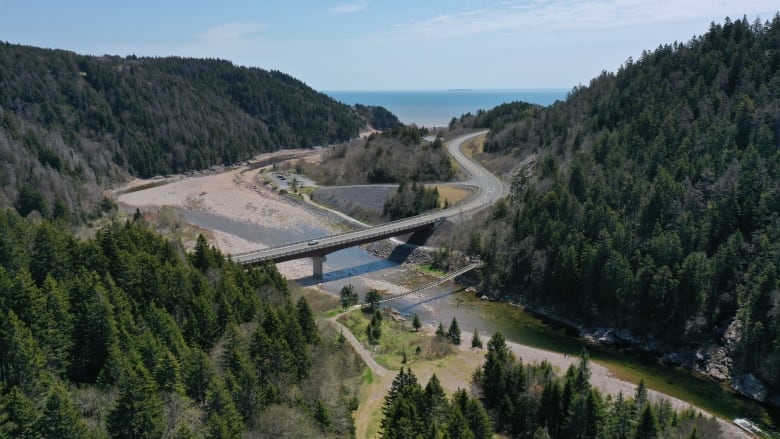 A bridge over a river drone shot