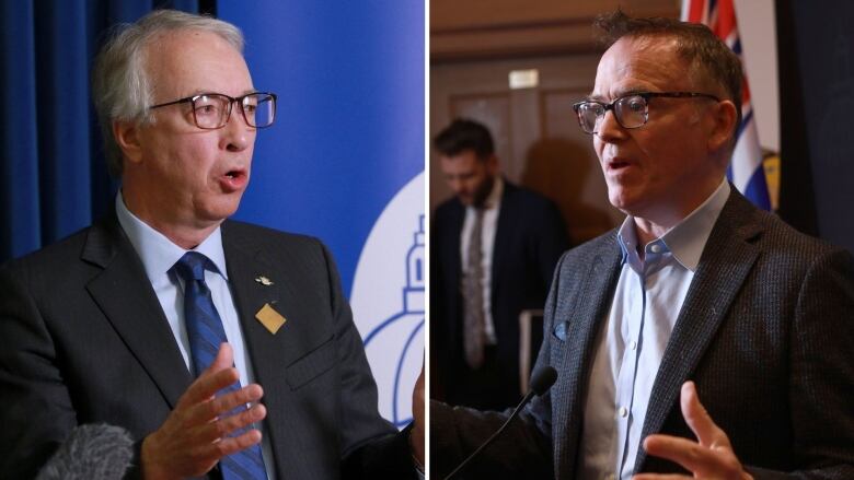 A composite of two white men wearing suits, talking and gesturing with their hands.