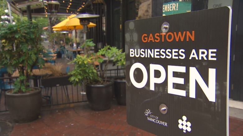 A sign outside of a patio restaurant in Gastown, which says: 