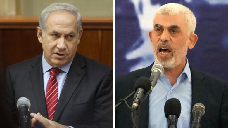 Israeli Prime Minister Benjamin Netanyahu, left, and Hamas leader Yahya Sinwar on the right.