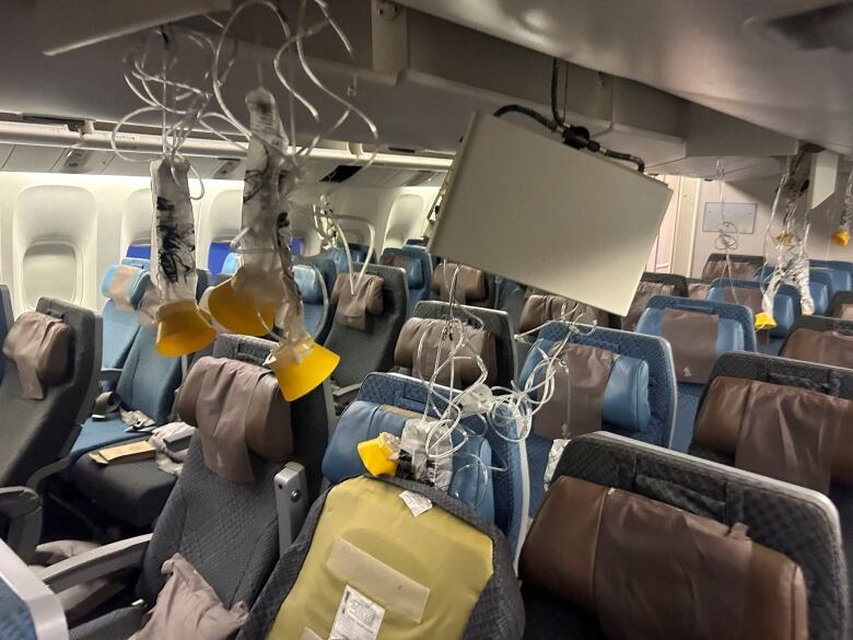 Dropped oxygen masks inside the cabin of a passenger aircraft.