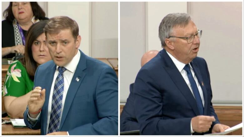 Two men in suits stand inside the provincial legislature.