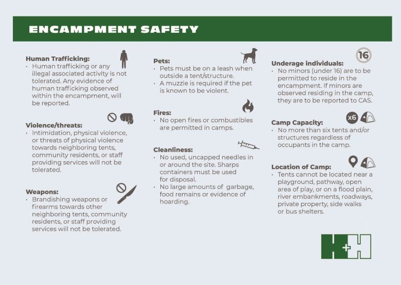 Safety protocols have been developed which set parameters on locations of encampments, number of structures permitted, and various behaviours within encampments, including:   Human trafficking Violence/threats Weapons Pets Fires Cleanliness Underage individuals Camp capacity Location of camp