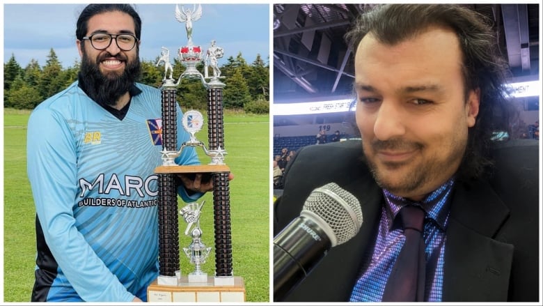 A collage photo of two men. One man is in a cricket uniform holding a trophy, while the other man sits in front of a microphone wearing a suit.