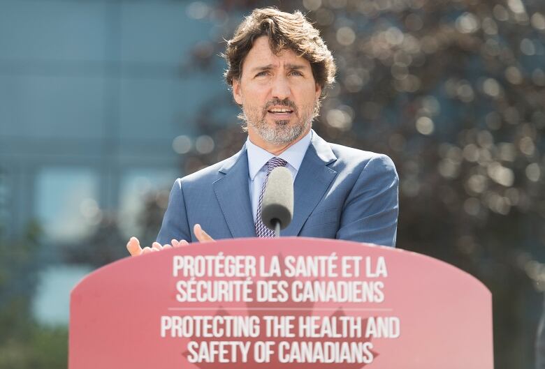 Prime Minister Justin Trudeau speaks to reporters during a visit to the National Research Council of Canada (NRC) Royalmount Human Health Therapeutics Research Centre facility in Montreal, Monday, Aug 31, 2020.