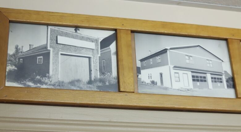 Two black and white photos of buildings.