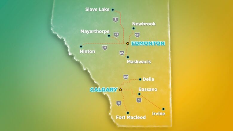 map of Alberta that highlights all nine locations CBC visited