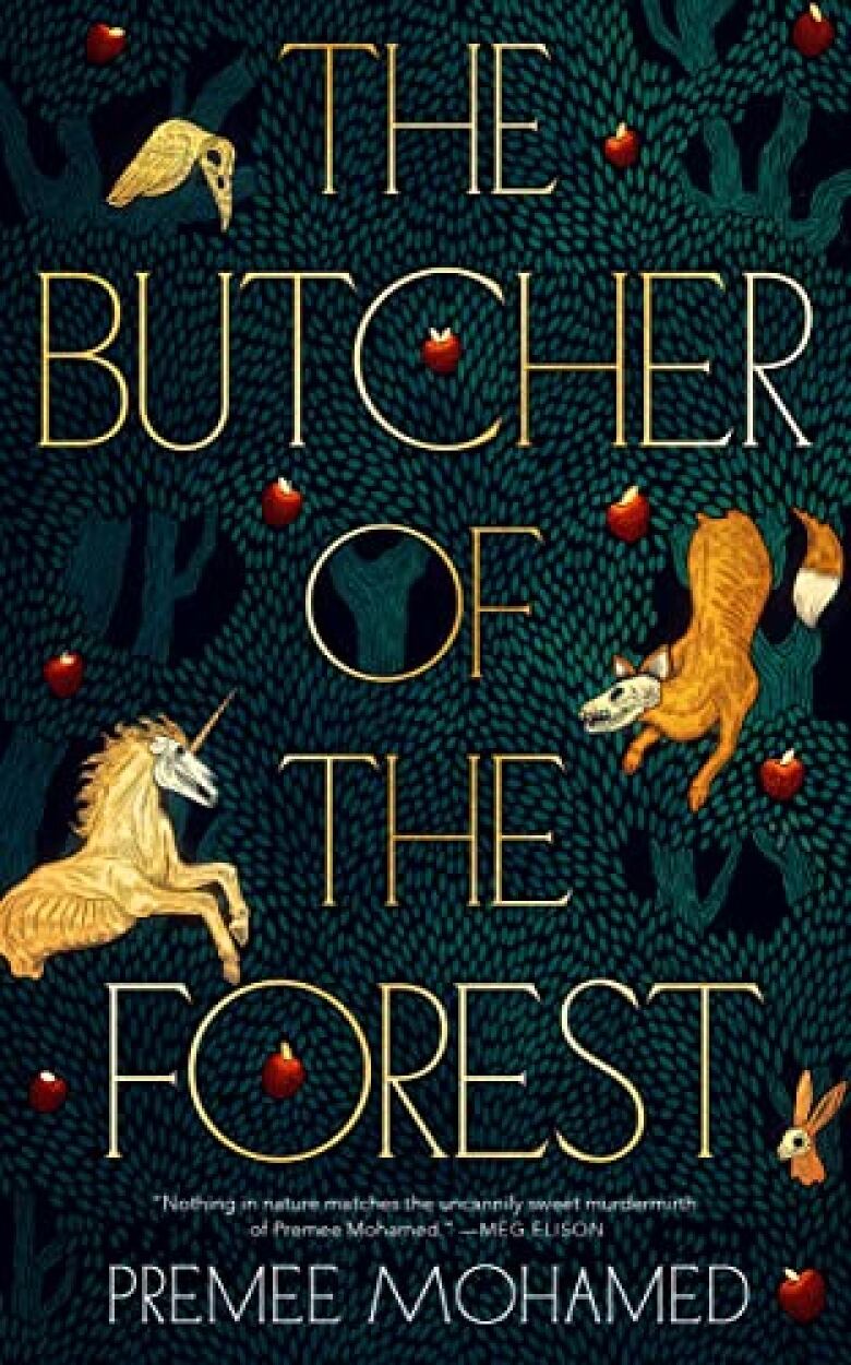 The Butcher of the Forest by Premee Mohamed. Illustrated book cover of a fox and unicorn in a dark forest.