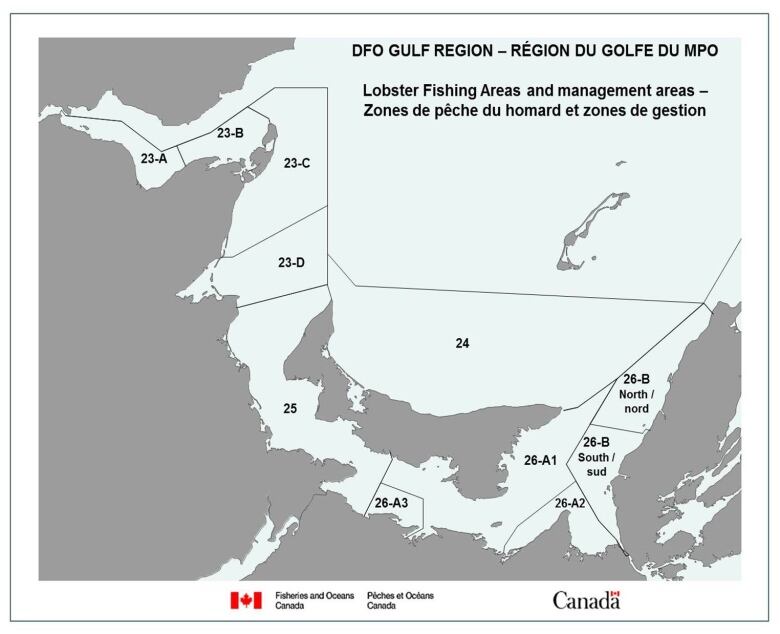 A map of the Gulf of St. Lawrence, divided into numbered zones