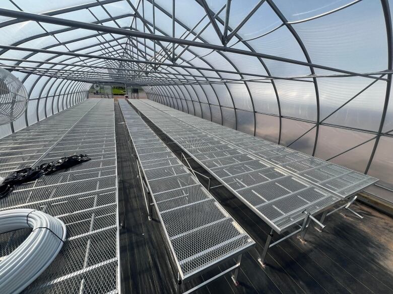 A new greenhouse with shiny steel shelves, holding no plants so far.