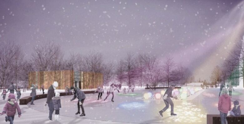 A conceptual drawing of people on a winter rink .