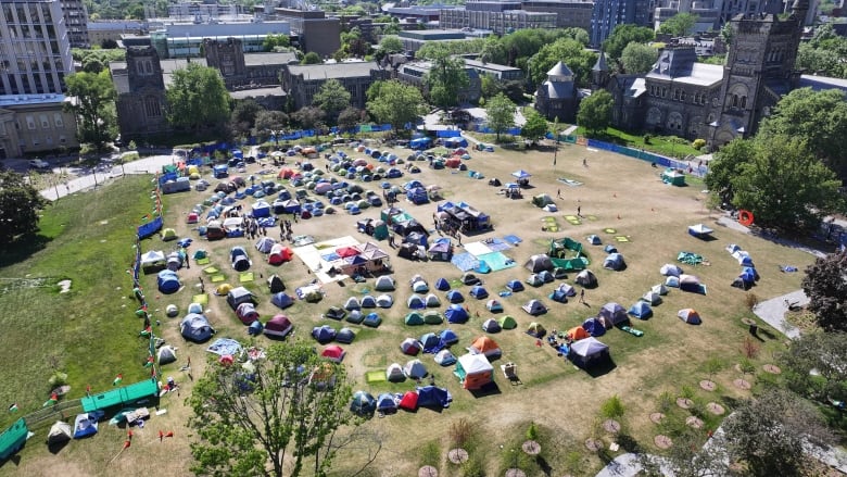 A drone image of the Pro-Palestinian protest encampment at University of Toronto's King's College Circle. The image was taken after notices of trespass were issued by the university to end the encampment on Friday.