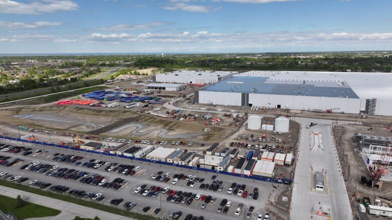 Aerial view of the electric vehicle battery factory under construction in Windsor, Ont., in May 2024.