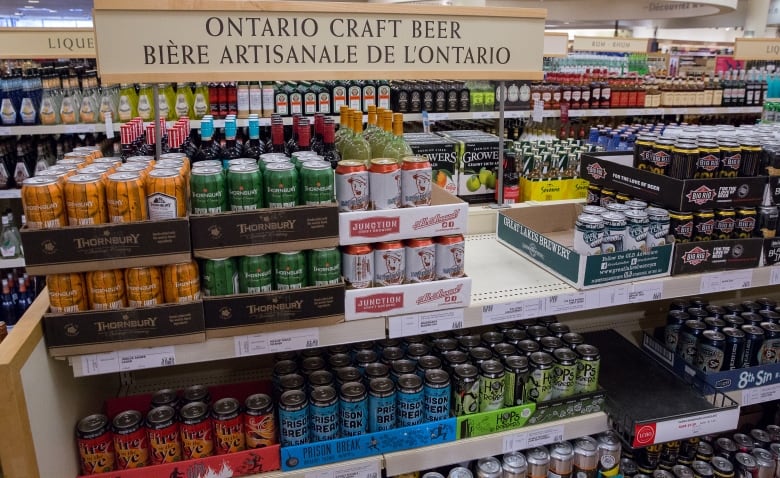 Various brands of Ontario craft beer are displayed on shelves at an LCBO outlet.  